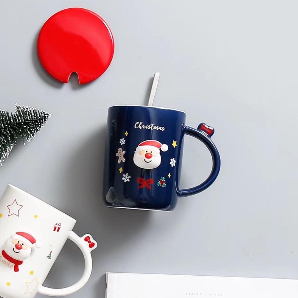 Чашка новогодняя с крышкой и ложкой Санта керамика 360 мл Синий - фото 5