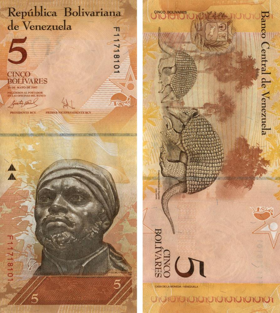 Коллекционная банкнота Венесуэла 5 боливар 2007 UNC Гигантский броненосец P89 (Б10271)