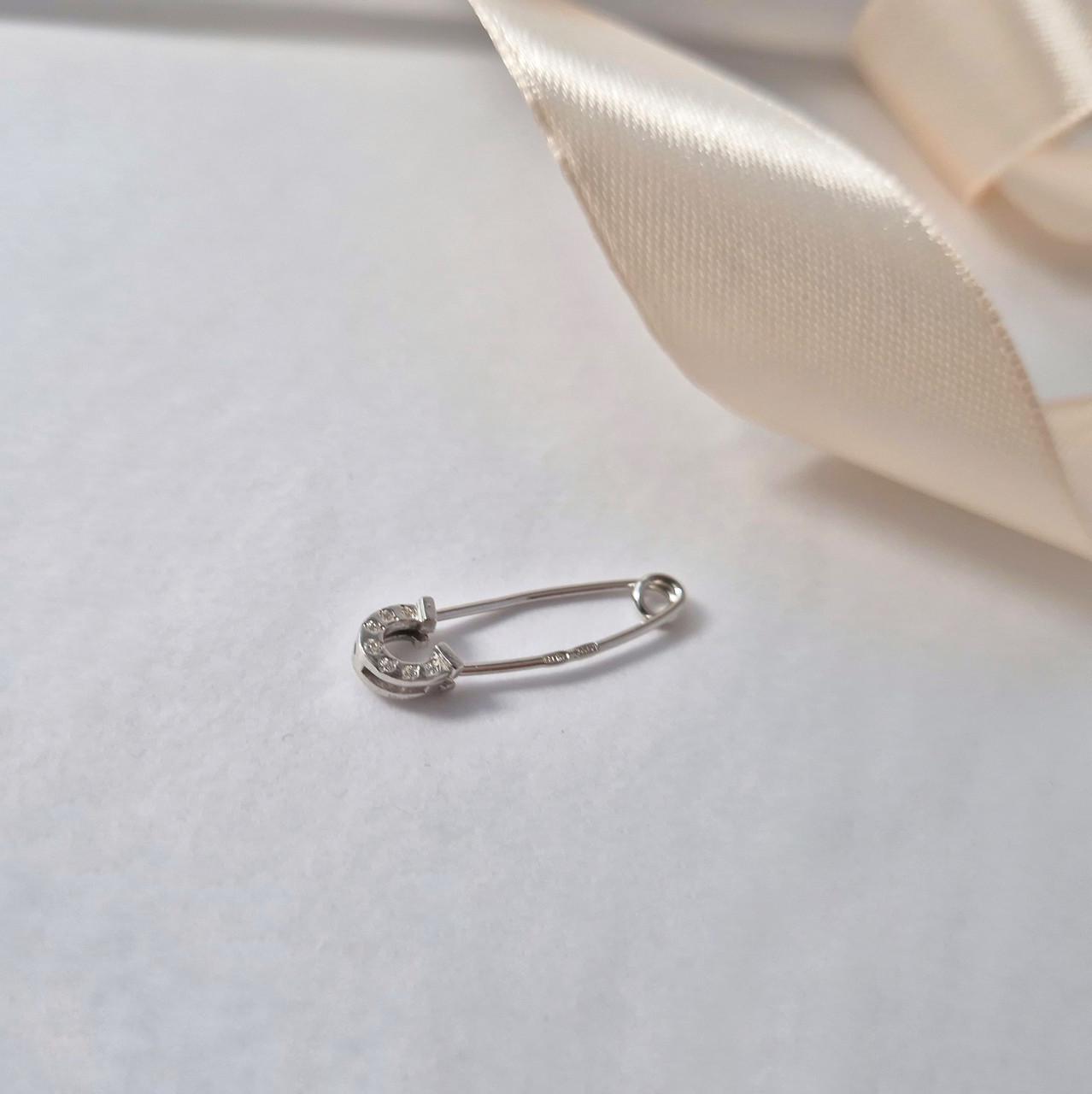 Брошка булавка підкова в білих каменях срібло 925 проби родоване 0,90 г (7039р)