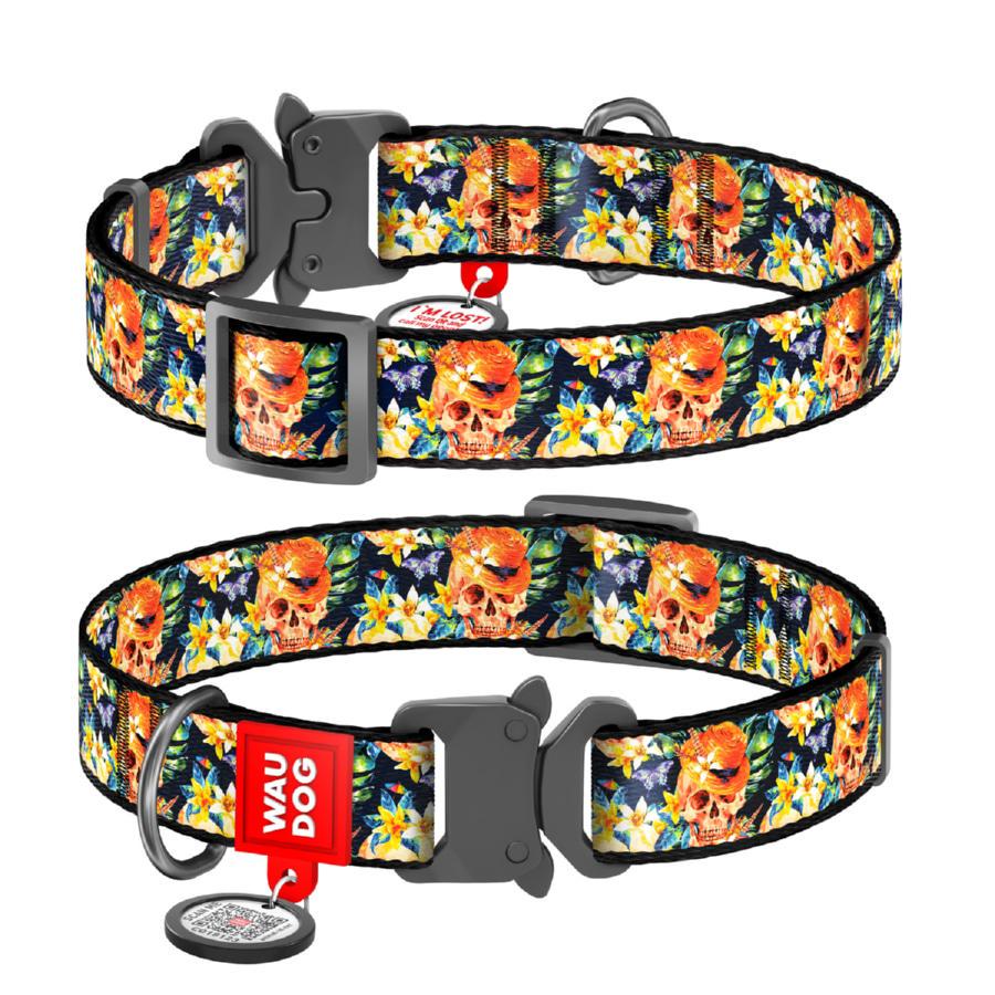 Ошейник для собак нейлоновый Waudog Nylon Гламурные черепа с QR паспортом металлическая пряжка-фастекс XL 25 мм 35-58 см