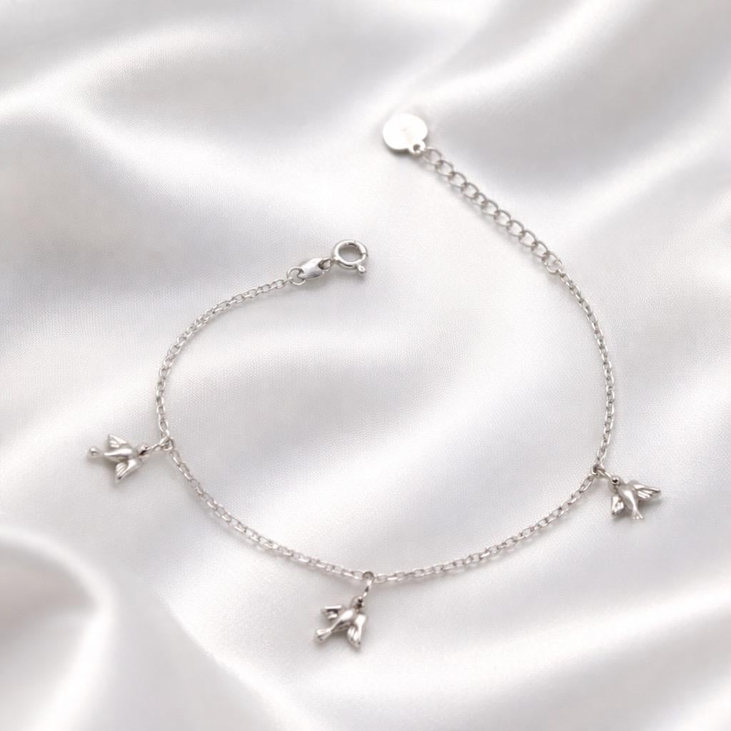 Браслет срібний з підвісками у вигляді пташок та ланцюжковою основою р. 17-20 см