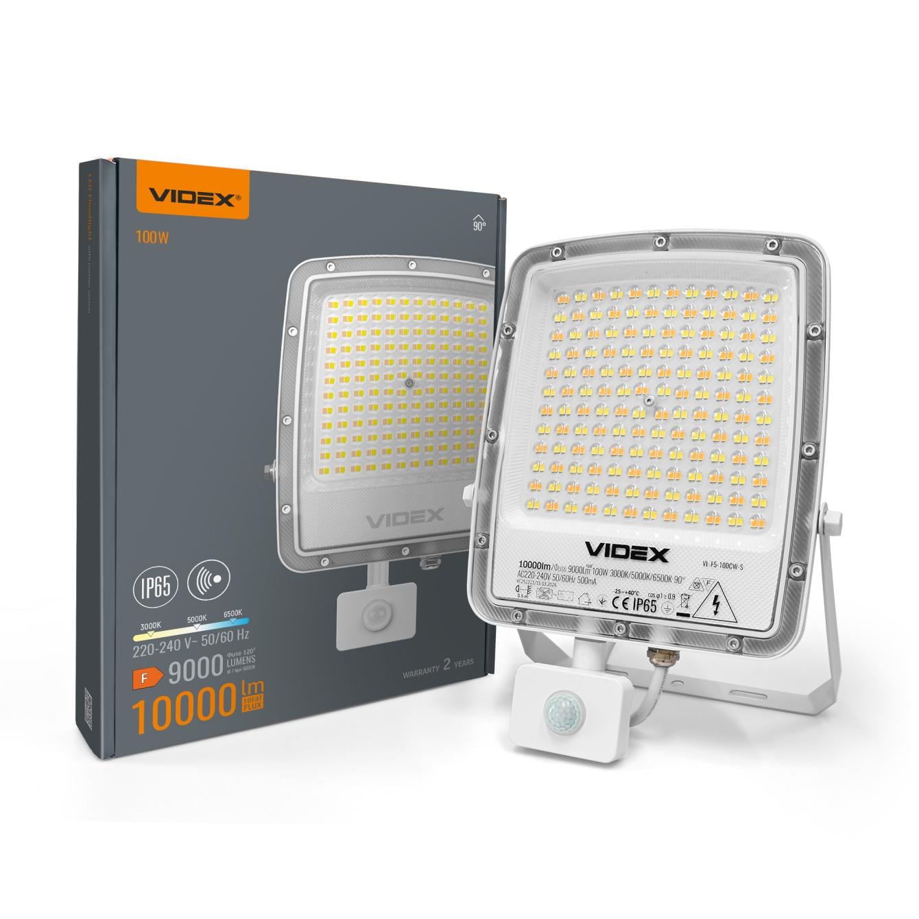 Прожектор LED Videx F5 VL-F5-100CW-S 100W 3000/400/6500K з датчиком руху 230V White (29263)