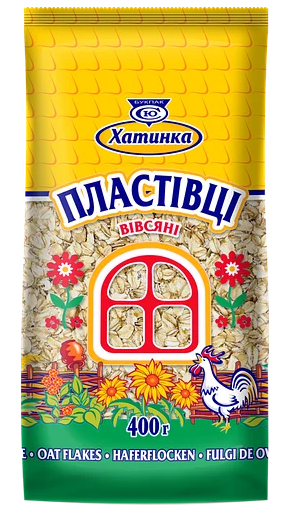 Пластівці вівсяні швидкого приготування Хатинка 400 г (4820174600426)
