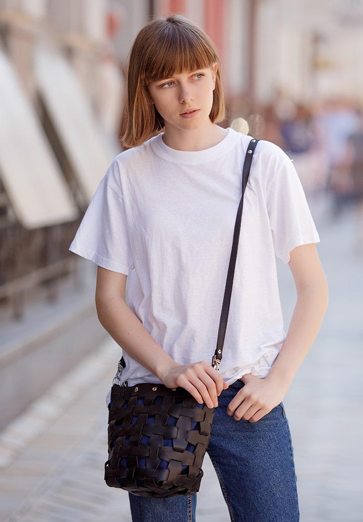 Женская сумка кожаная плетеная Пазл M Crazy Horse Черный (A-026652)