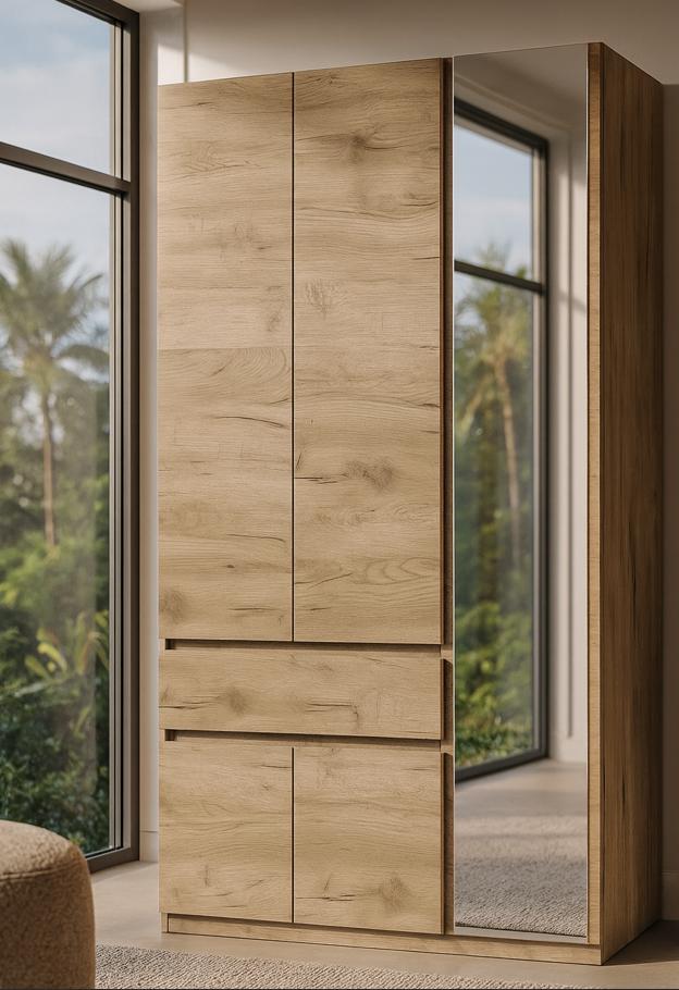 Шкаф с зеркалом Мастер Форм Брайт телескопические направляющие правосторонний 1221х520х2000 мм Дуб крафт серый (1200 500)