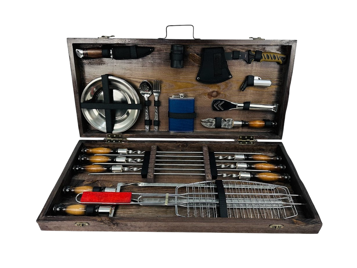 Набор шампуров Шашлычник для пикника 39 предметов с аксессуарами в деревянном кейсе 74х34х10 см Коричневый (124-10-KS-7503)