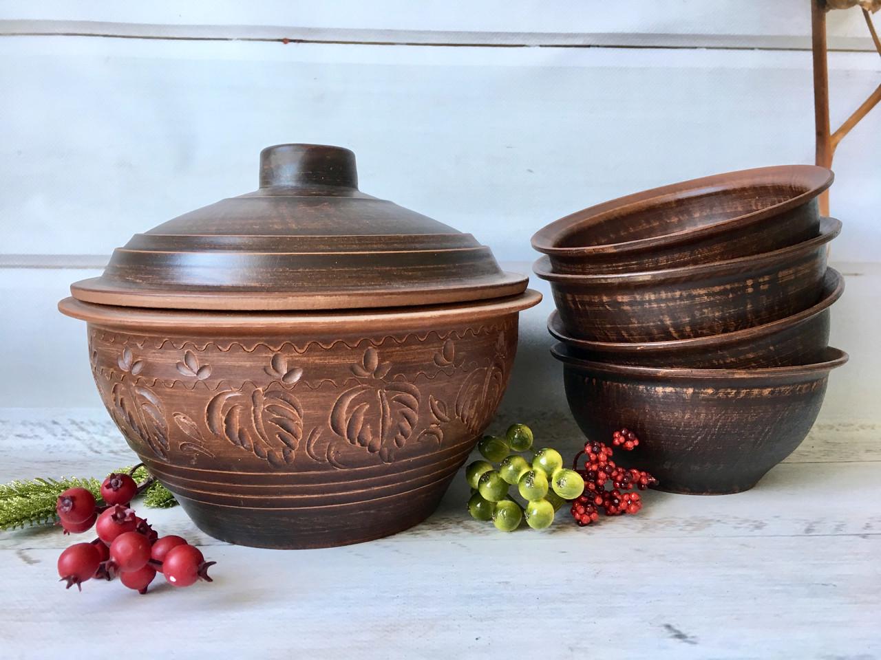 Набор из красной глины супница 2,5 л и 4 тарелочки 600 мл (606261592)