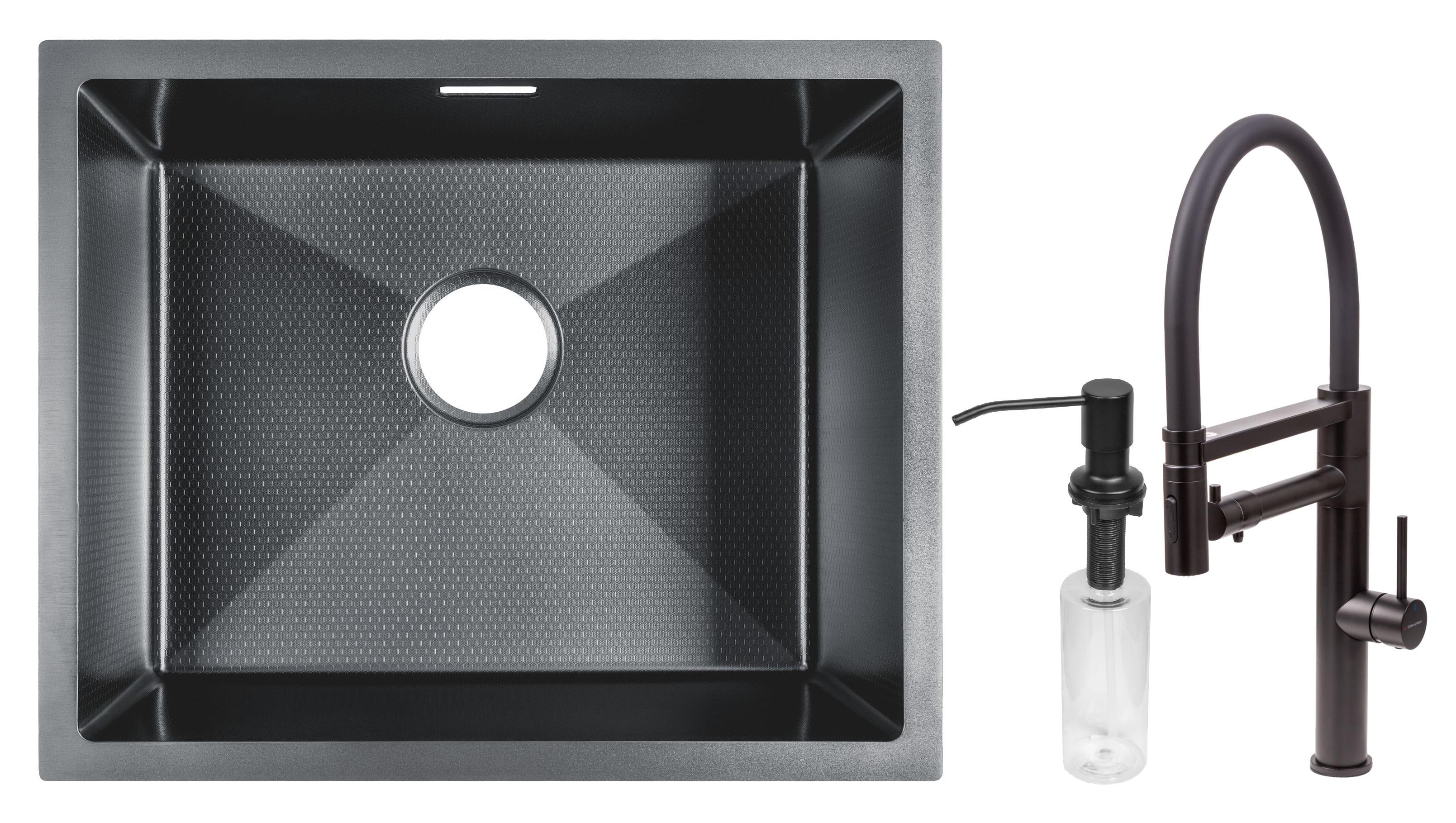 Мойка для кухни Gunter&Hauer Ruwer 5522 Black Honey с кухонным смесителем Gunter&Hauer RITTER Black/дозатором SOAP DISPENSER Black (71608)