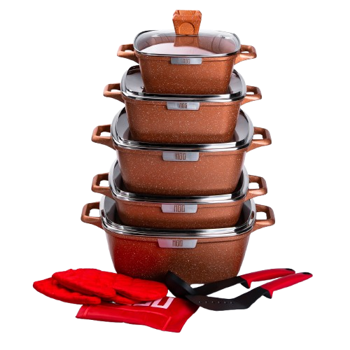 Набор MGC из 5 алюминиевых квадратных кастрюль с толстым дном с лопаткой/половником /перчатками и фартуком