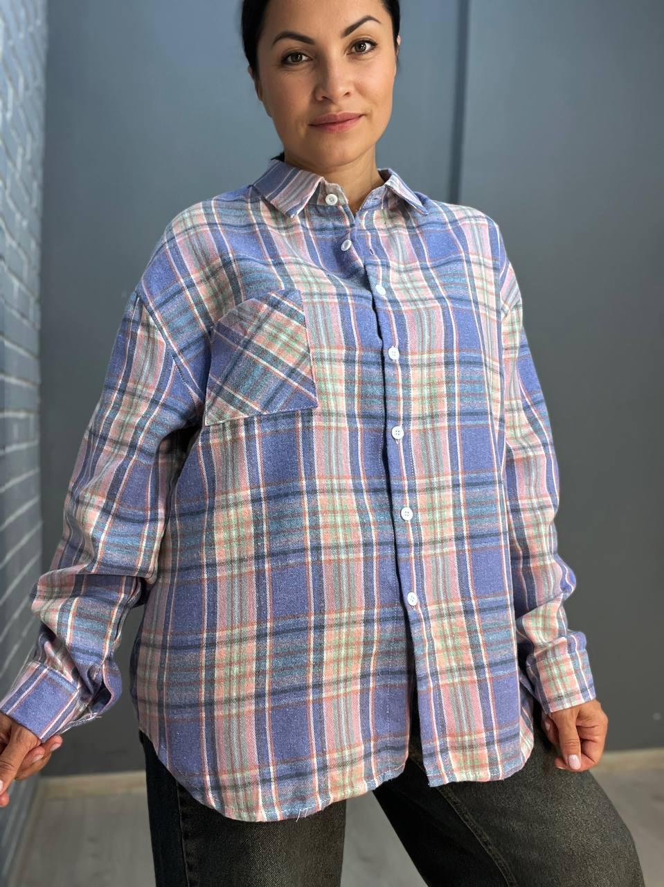 Рубашка женская Baoyu 225 клетчатая оверсайз фланель удлиненная спинка OS Сиреневый (2608)