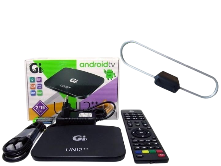 Комплект Смарт AndroidTV/Т2 тюнер GI UNI 2++ 2/16 TM/Антенна комнатная с усилителем Кобра (1065)