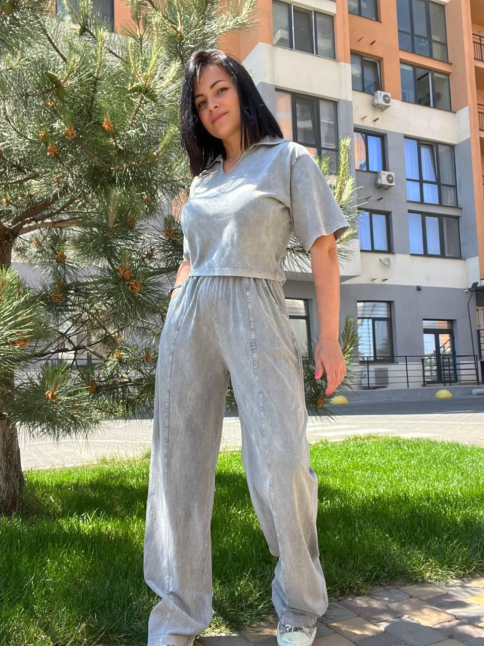 Костюм жіночий COAST MODA 4411-4412 варений брюки прямі з короткою футболкою S Сірий (2048)