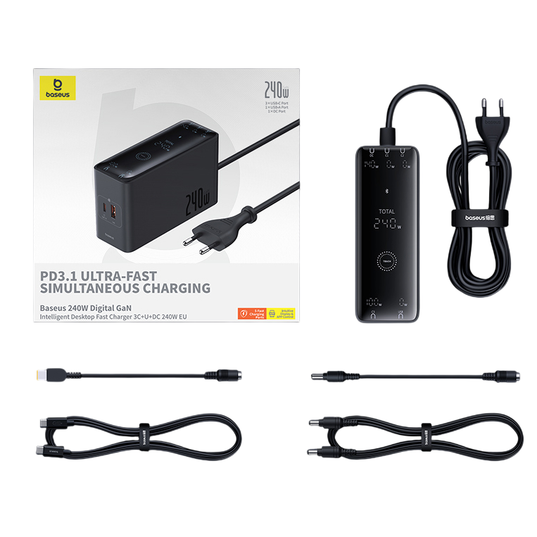 Зарядний пристрій мережевий BASEUS Digital GaN Intelligent Desktop Charger 240W 3C+U+DC з кабелем (31105497)
