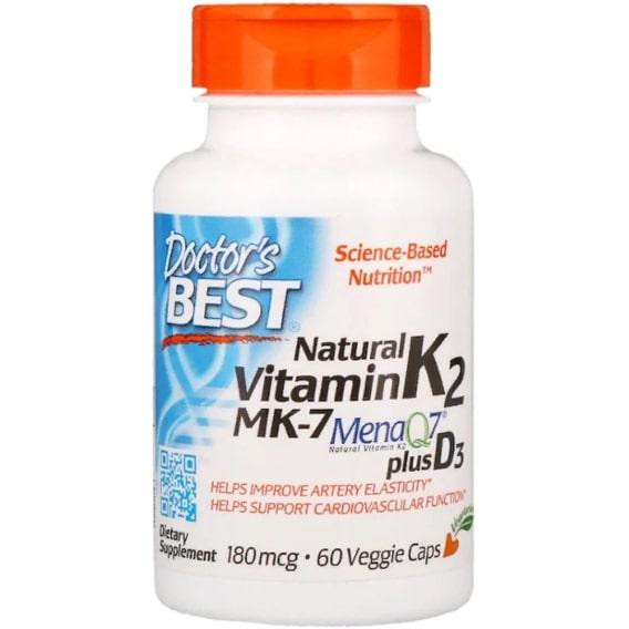 Вітамін K Doctor's Best Natural Vitamin K2 MK-7 with MenaQ7 plus Vitamin D3 180 mcg 60 Veg Caps (DRB-00404)