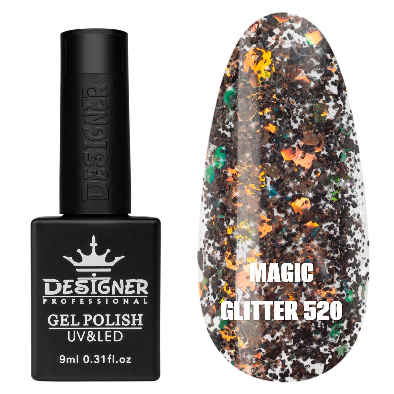 Гель-лак для маникюра Magic glitter Дизайнер с хлопьями хамелеон 9 мл Черный с медным №520 Гель-лак для маникюра Magic glitter Дизайнер с хлопьями хамелеон 9 мл Черный с медным №520