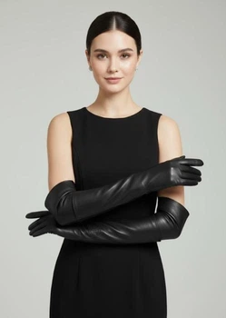 Перчатки женские выше локтя длинные из натуральной кожи 55 см р. 8 Черный (55-32)