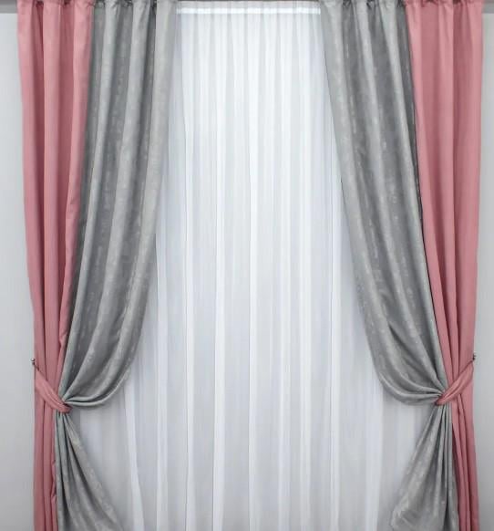 Шторы комбинированные микровелюр с жаккардом 1,5х2,7 м 2 шт. Пудра/Светло-серый (014дк/10-513)