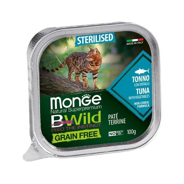 Корм для кошек влажный Monge Cat Wet Bwild Grain Free Sterilised тунец с овощами 100 г (000025599)