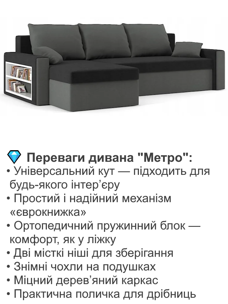 Диван угловой Метро 235х140 см Черный/Серый (28118795) - фото 3