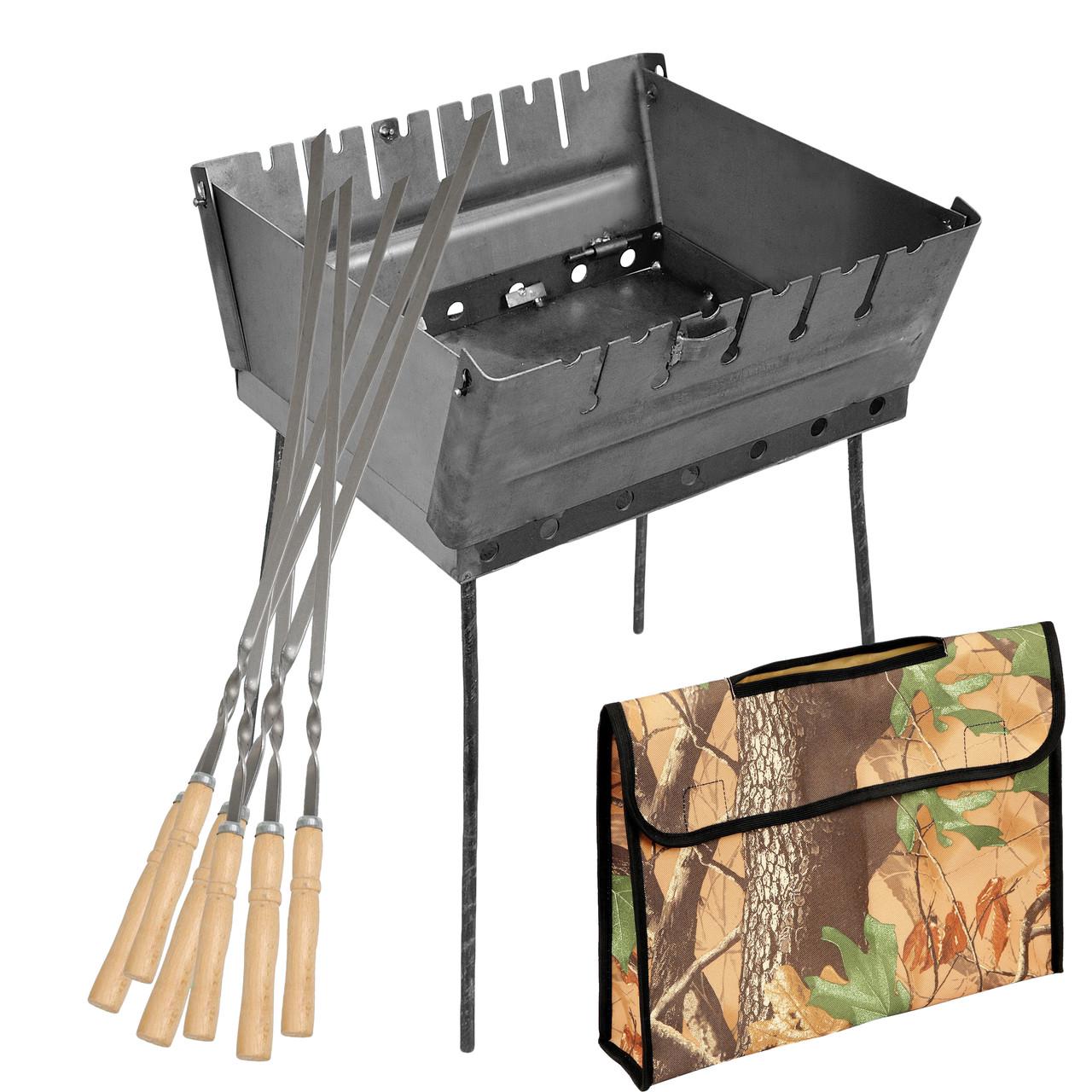 Мангал – чемодан 2 мм на 6 шампуров 370х350х160 мм с чехлом и набором шампуров