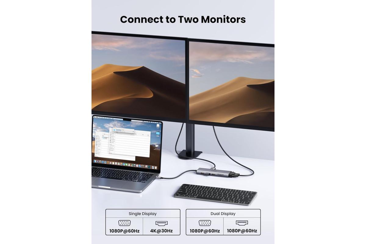 Концентратор UGREEN CM498 Type-C и 4K HDMI/VGA/RJ45/SD и TF/USB 3.0 PD 100W для MacBook HP Grey (15601) - фото 11