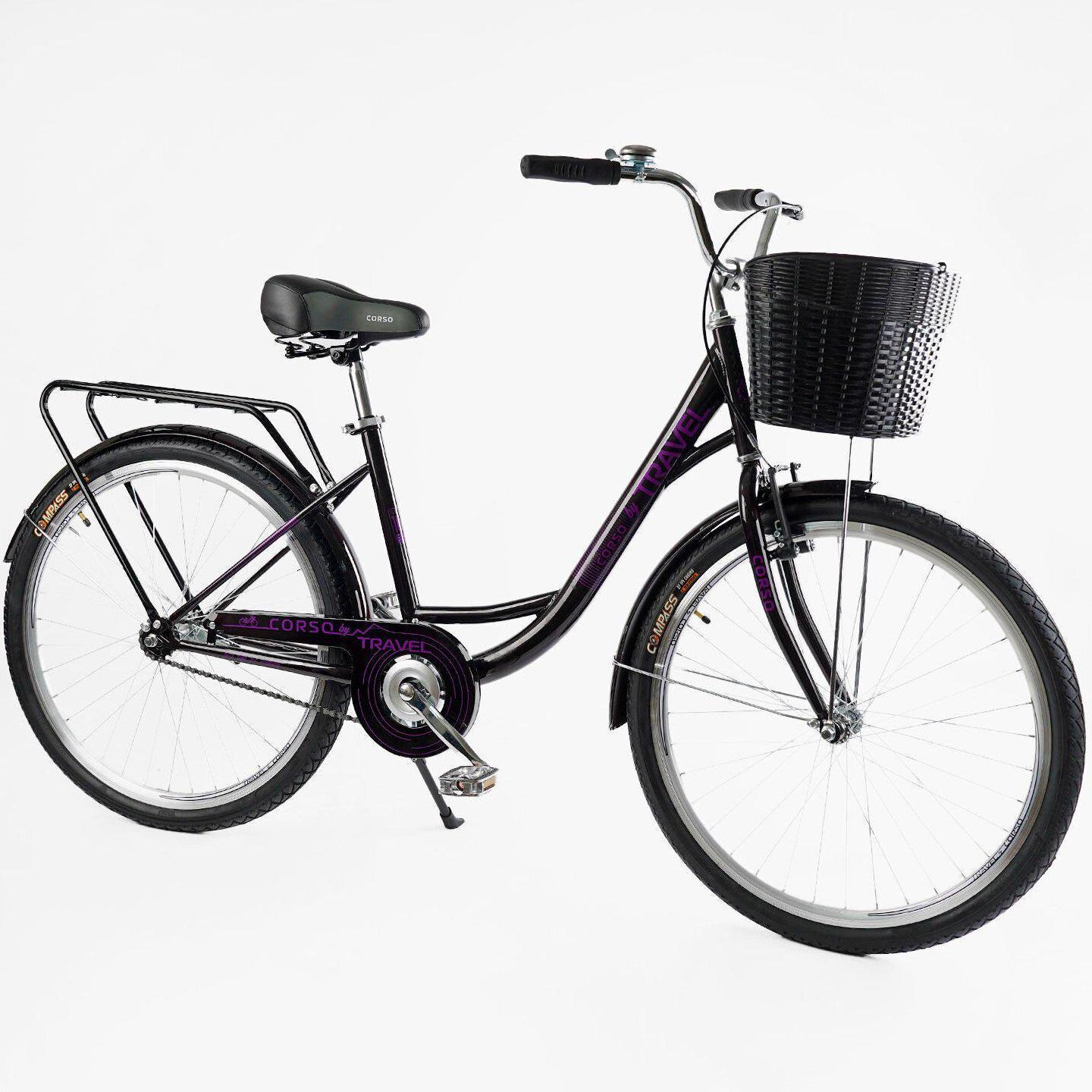 Велосипед городской Corso Travel с корзиной и багажником рама 16,5/26" Черно-фиолетовый - фото 2 Велосипед городской Corso Travel с корзиной и багажником рама 16,5/26" Черно-фиолетовый - фото 2