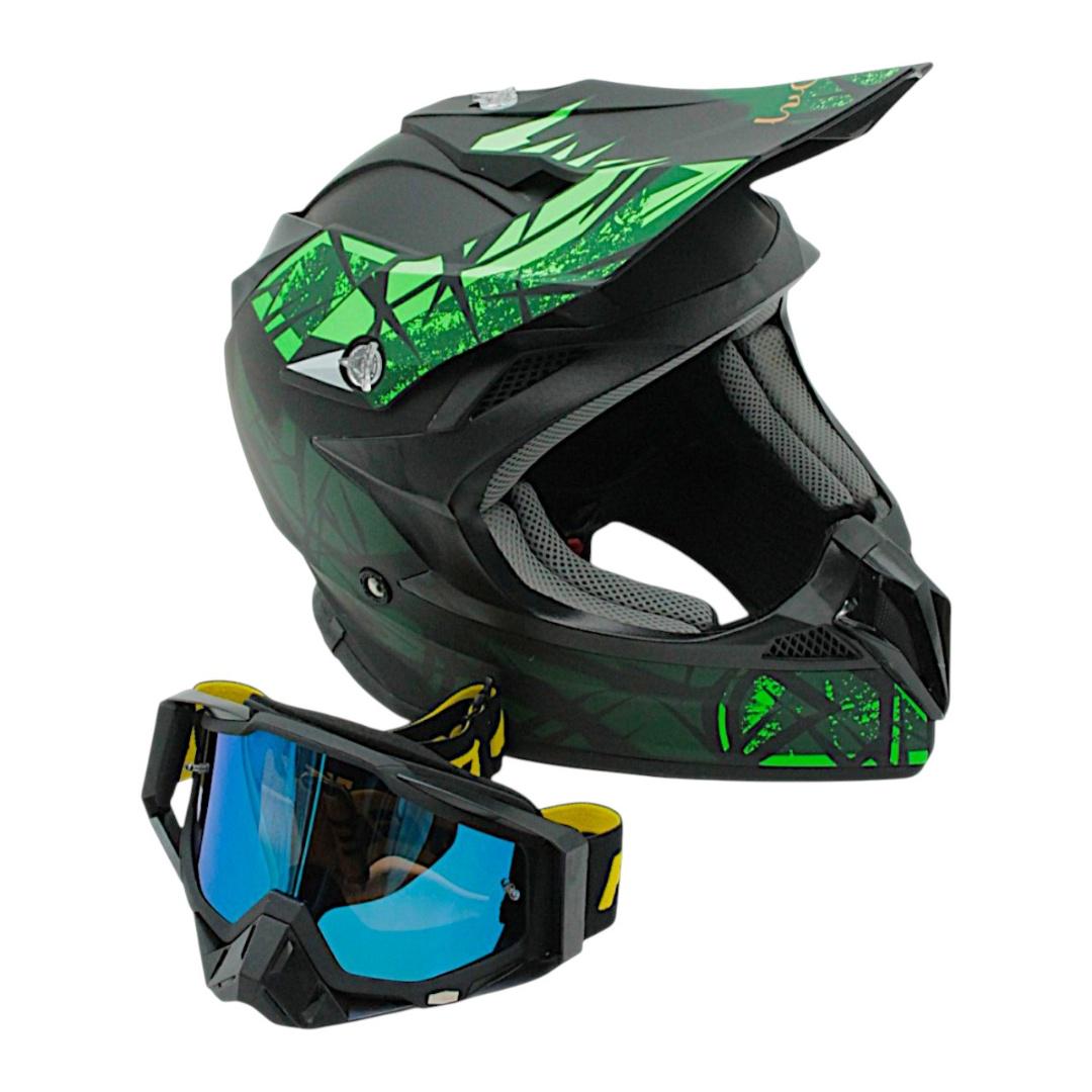 Шлем закрытый кросс/эндуро АТV Forsage Rider 027 с крышкой и очками XL 60-61 см Черный/Салатовый матовый