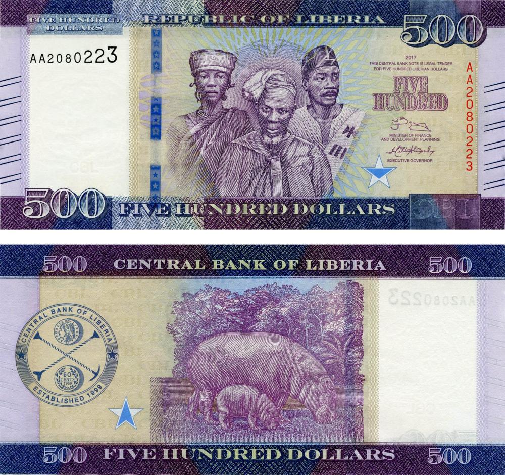 Коллекционная банкнота Либерия 500 долларов 2017 UNC Бегемот Гиппопотам P36 (Б13540)