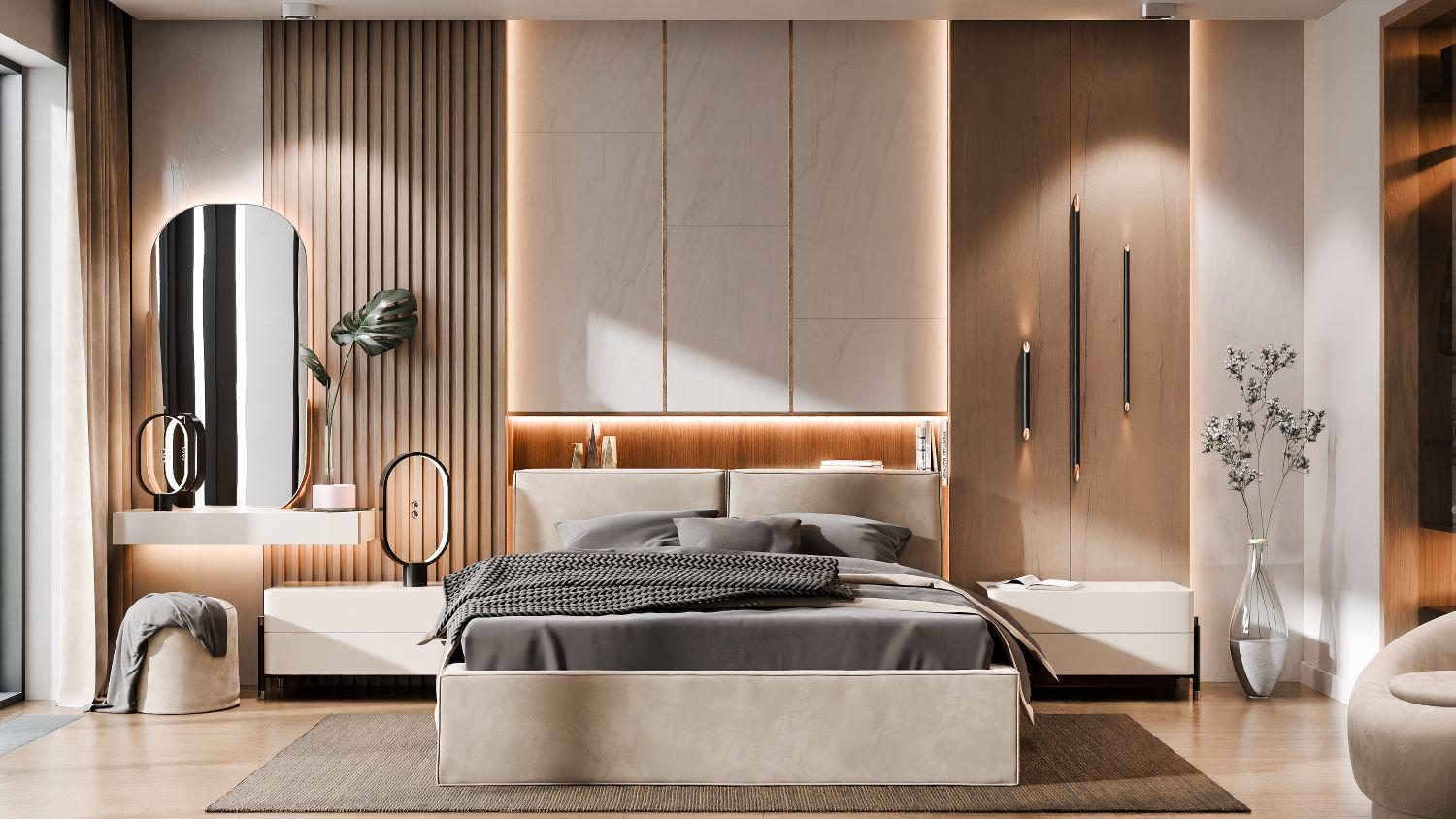 Кровать двуспальная с подъемным механизмом с мягким изголовьем Ванесса 4 ДСП/ткань велюр 160x200 см Бежевый