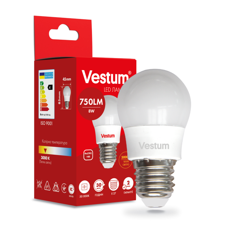 Светодиодная лампа Vestum 1-VS-1210 G45 8W 3000K 220V E27