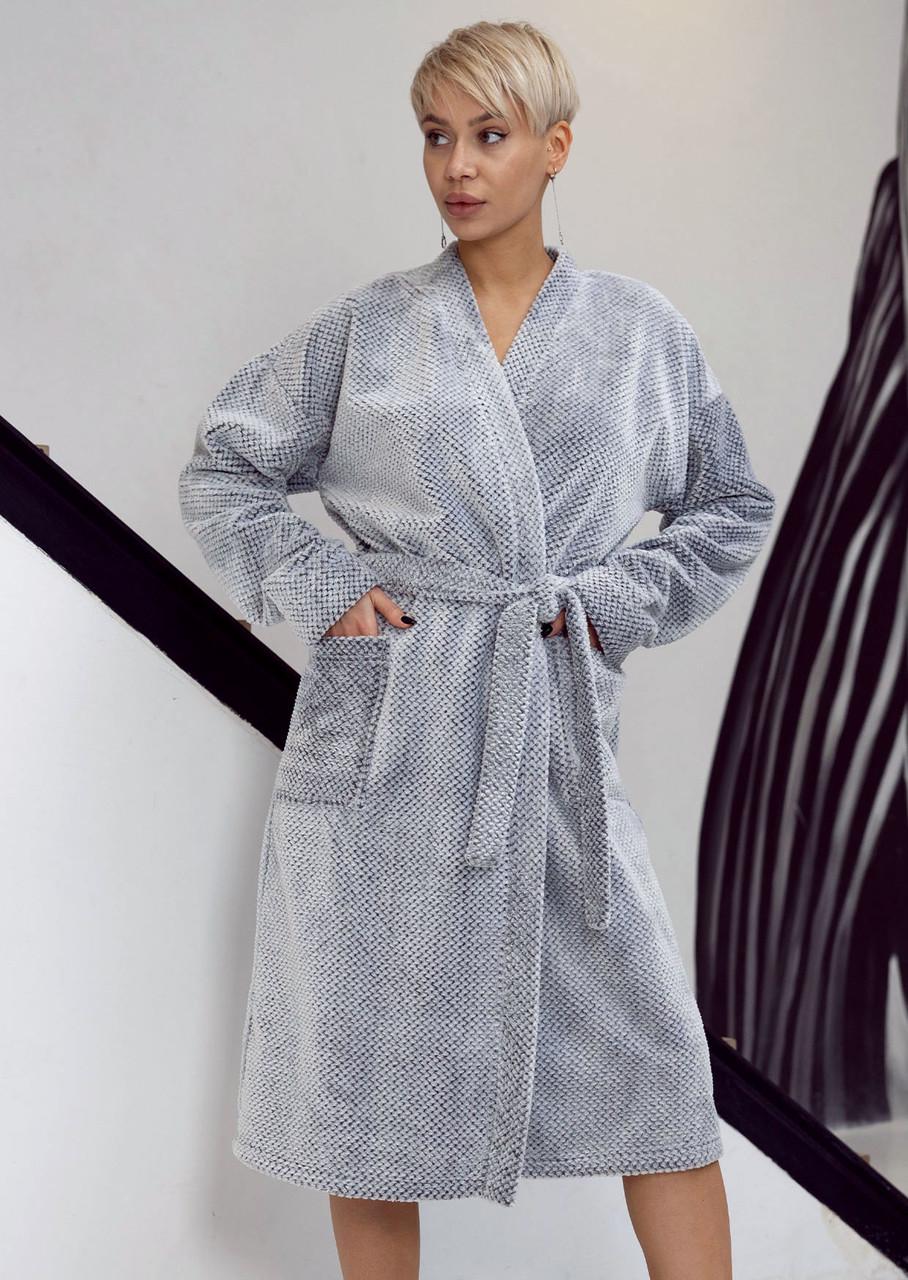 Халат-кимоно женский Leinle на запах с длинными рукавами и накладными карманами XL Серый (1209/90053)