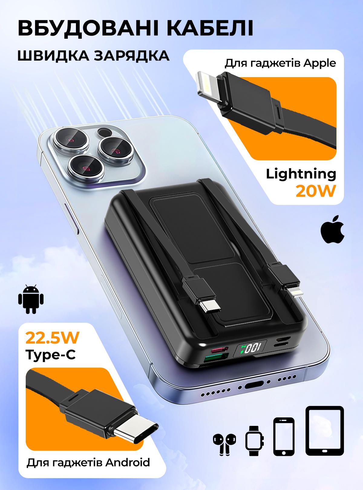 Повербанк OnePro з magsafe та кабелями Type-C Lighthing 10000 mah Чорний (73742) - фото 3 Повербанк OnePro з magsafe та кабелями Type-C Lighthing 10000 mah Чорний (73742) - фото 3