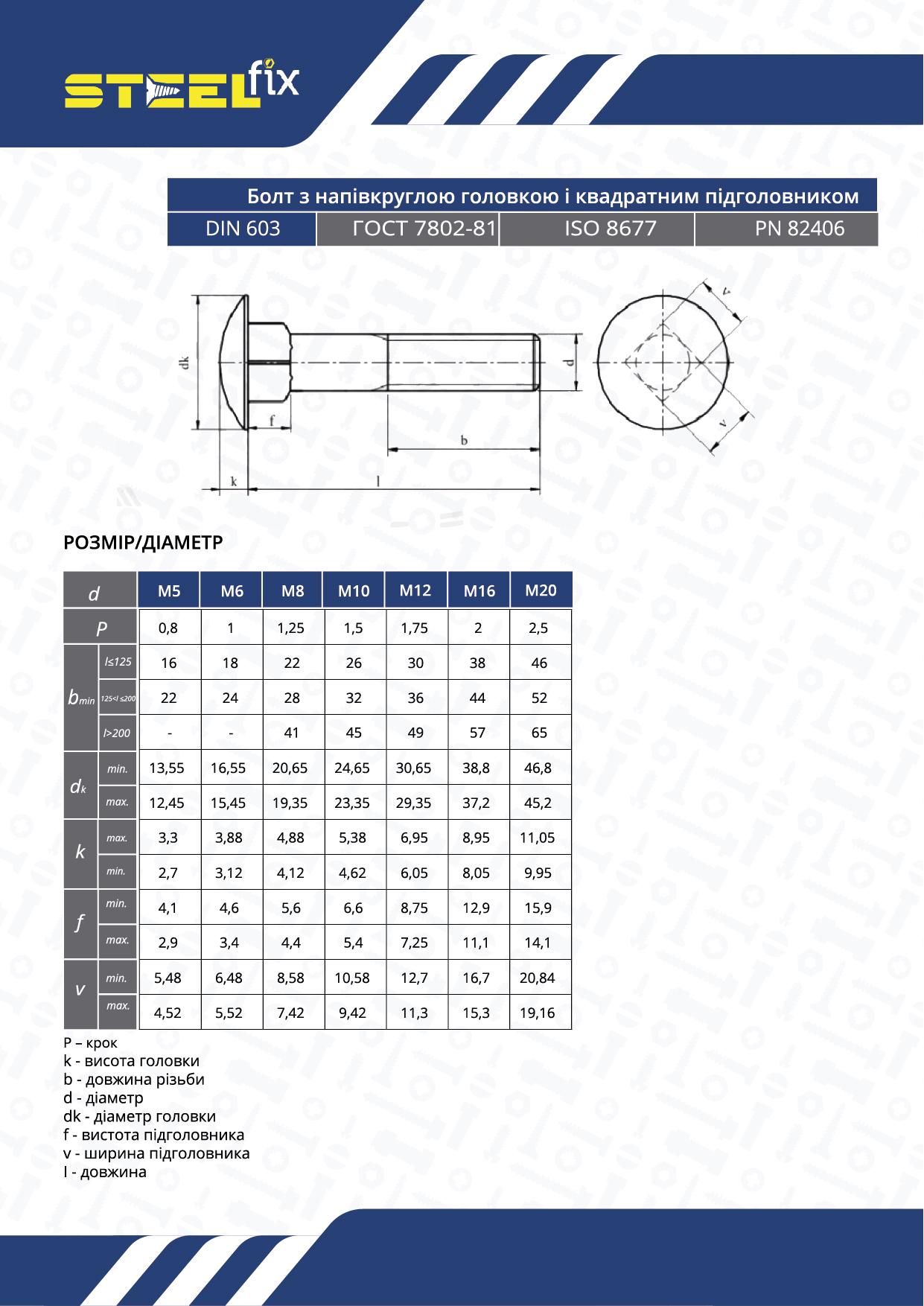 Болт М10х40 DIN603 4,8 меблевий цинк К Steelfix (312681) - фото 2