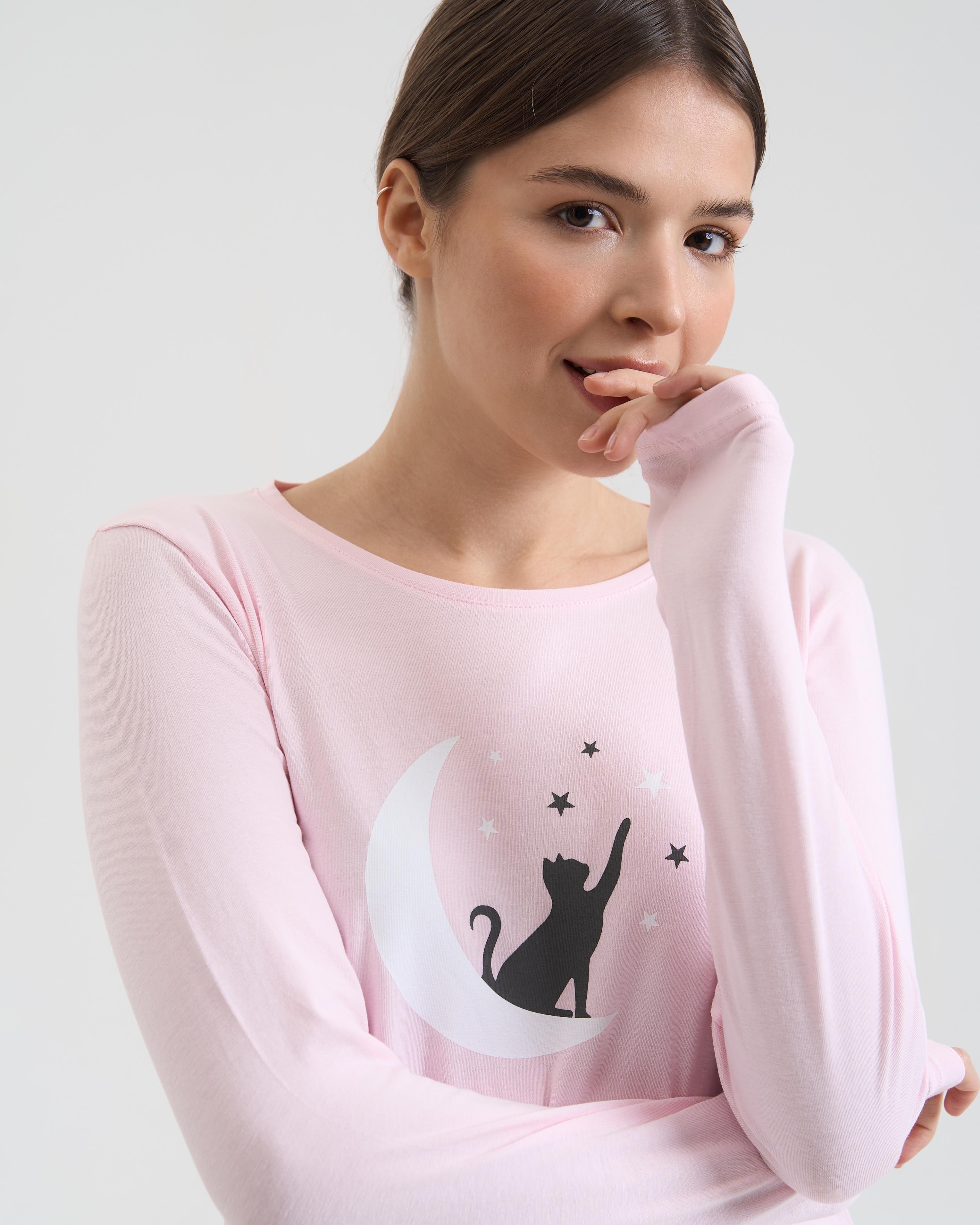 Комплект женский со штанами Кот и звезды Family look 96827 S Светло-розовый - фото 2 Комплект женский со штанами Кот и звезды Family look 96827 S Светло-розовый - фото 2