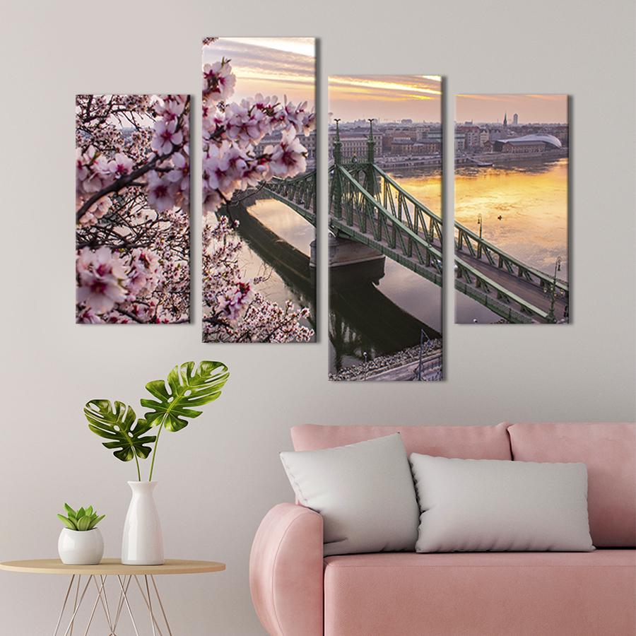 Картина модульна з 4 частин Міст Свободи в Будапешті та цвітіння сакури L 129x90 см (367-42)
