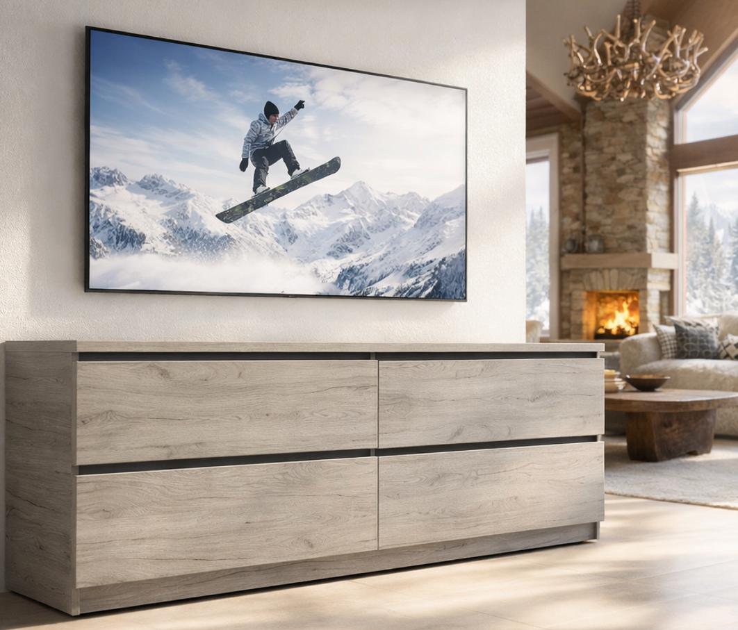 Тумба ТВ Мастер Форм Брайт ДСП телескопические направляющие 55/1400/400 1392х376х511 мм Дуб крафт серый