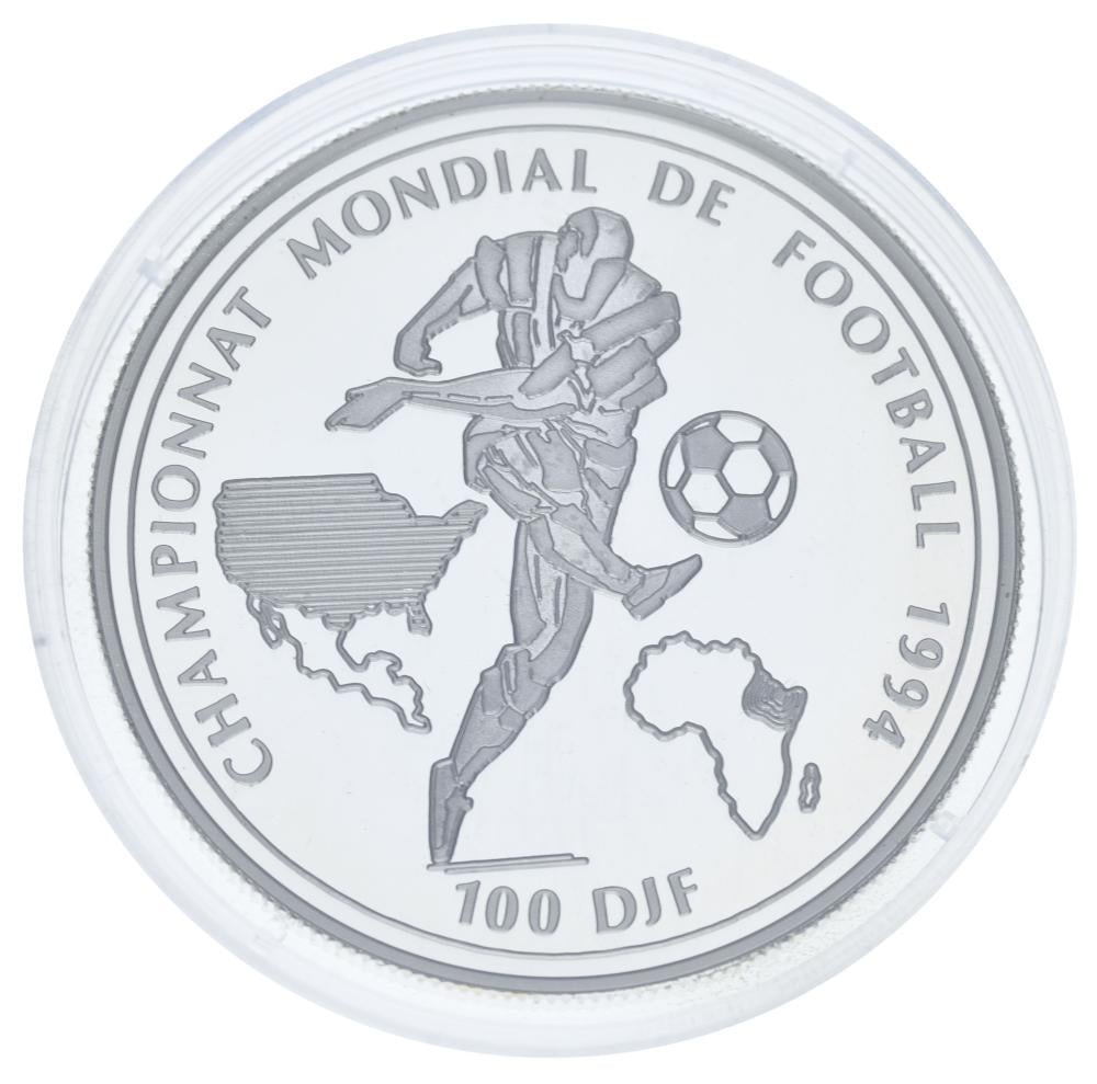 Коллекционная монета Джибути 100 франков 1994 Серебро Proof Чемпионат мира по футболу 1994 в США Ag 925 31,47 г (М23705)
