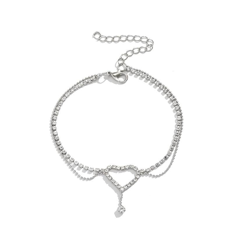 Браслет на ногу со стразами и подвеской сердце регулируемый Серебристый (2689612533)