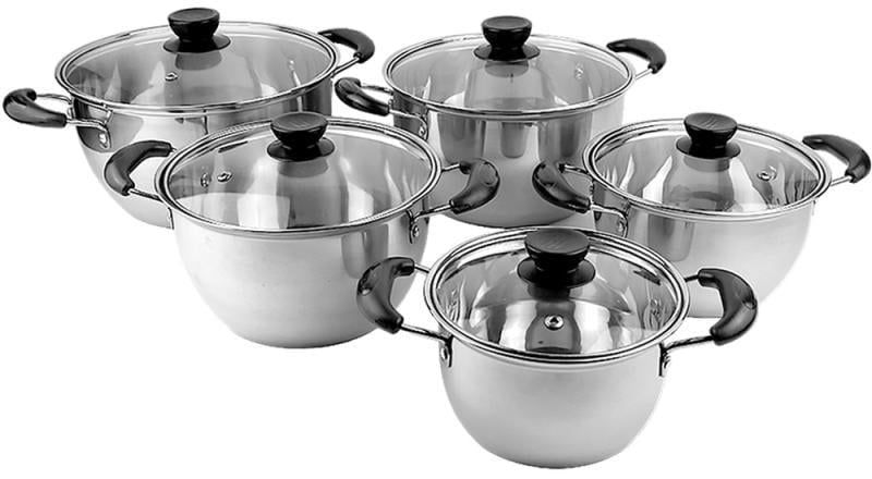 Набор посуды со стеклянными термостойкими крышками Ofenbach КМ-100007 из нержавеющей стали из 10 предметов Стальной (150-84-100007)