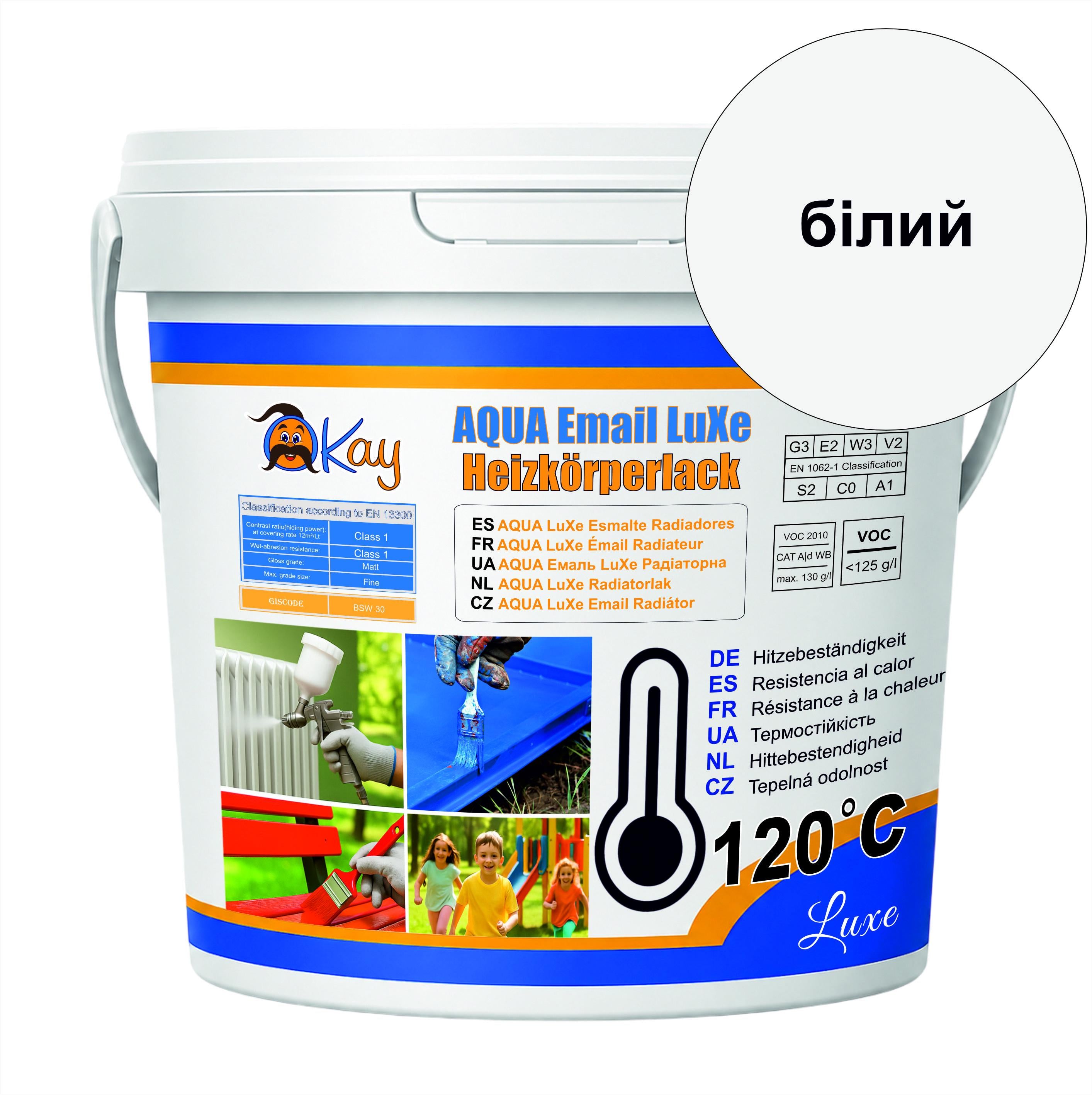Термостойкая краска для радиаторов OKAY AQUA LuXe акриловая эмаль 2,5 л/3,0 кг Белый