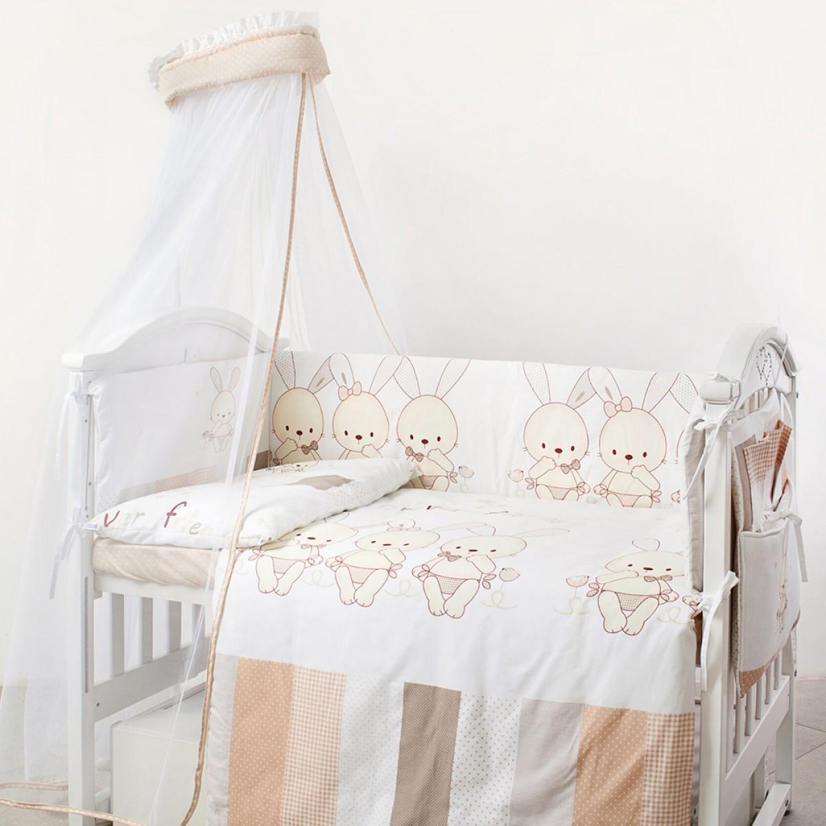 Комплект постельного белья для детской кроватки Twins Dolce D-001 Друзья Зайчики 8 пр. Бежевый (T5098)
