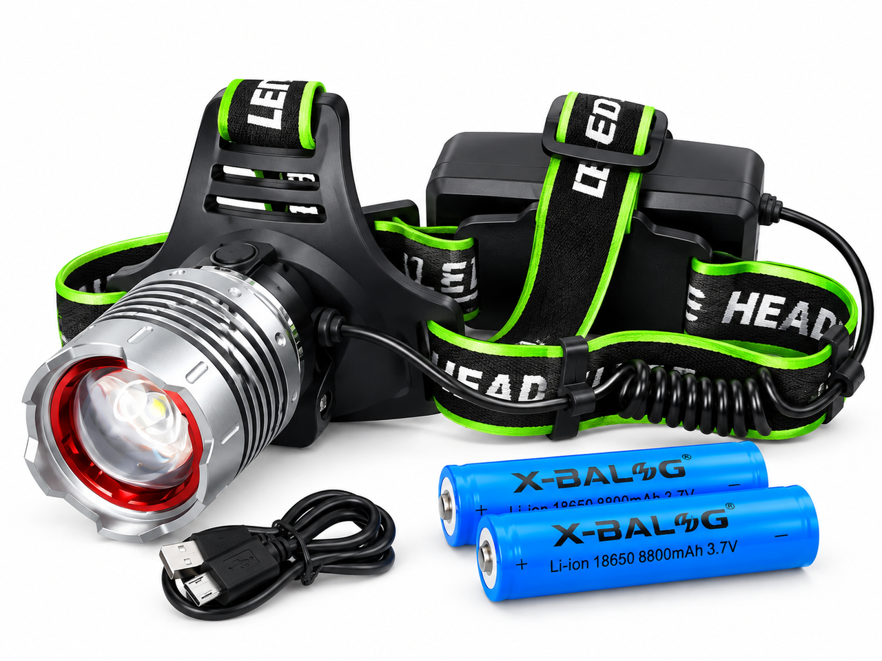Фонарь налобный аккумуляторный X-balog BL-A17-P50 Zoom 2х18650 XHP50 Micro Usb Черный (3191952119)