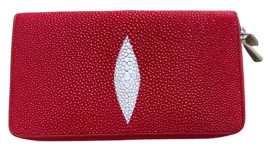 Кошелек из кожи ската Ekzotic leather на 2 молниях с ручкой Красный (stw 38)