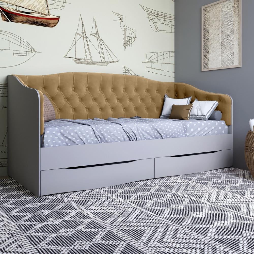 Кровать детская односпальная Lion Л-9 с мягкой спинкой и выдвижными ящиками 190x90 см Кашемир/Лили-02 (Lion-041479)