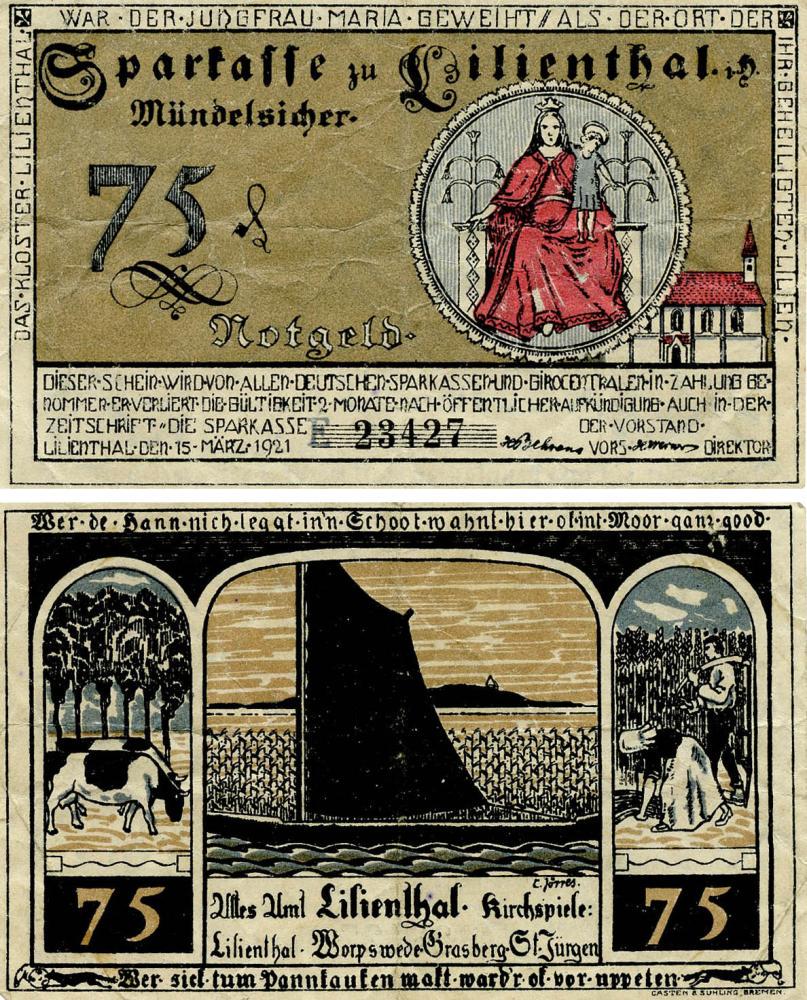 Коллекционная банкнота Германия Нотгельд 75 пфеннигов 1921 F-VF Лилиенталь (Б18604)