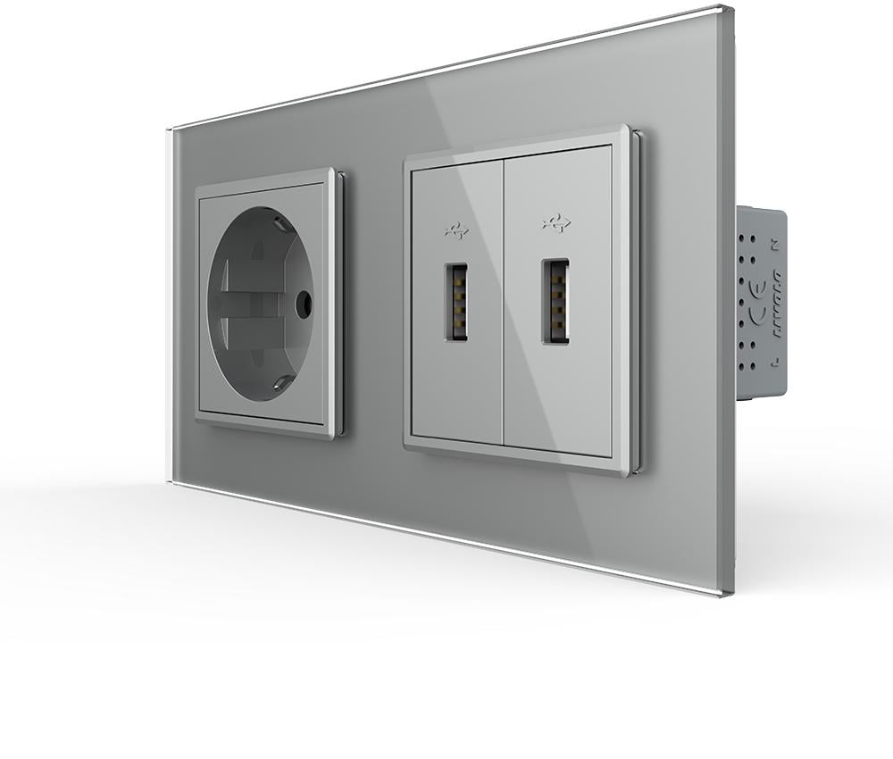 Розетка настенная LIVOLO с заземлением/двумя USB Розетка настенная мы дизайнерская стеклянная рамка Серый (VL-C7FCTC16A/FCUA/FCUA-4IP)