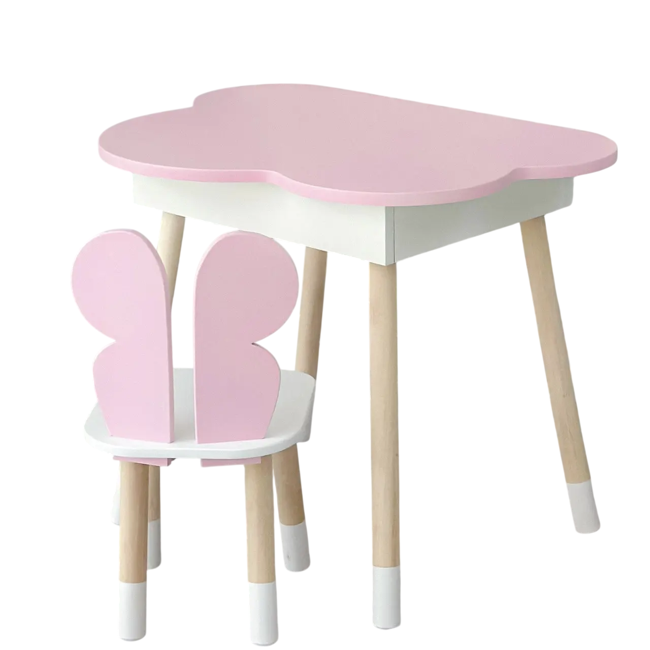 Набор мебели детский столик облачко с нишей для хранения и стульчиком бабочка деревянная 54х68х50 см Бело-розовый (150-7-23412)