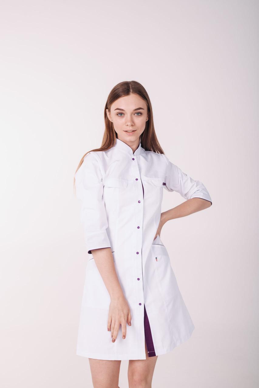 Халат женский TopLine Пекин рукав 3/4 р. 44 Белый/Фиолетовый (11334-(44) б-фиол.) - фото 3