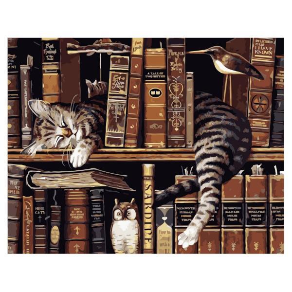 Набор для росписи по номерам Strateg Котик на полке с книгами 40х50 см (VA-1726-mt)