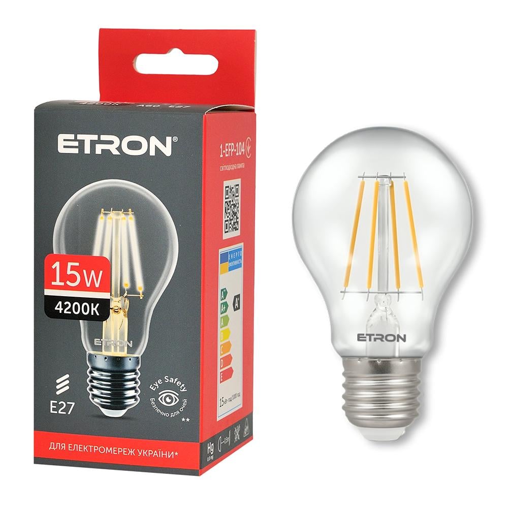 Светодиодная филаментная лампа ETRON Filament 1-EFP-104 15W A60 4200K E27 Прозрачный (13692) - фото 1 Светодиодная филаментная лампа ETRON Filament 1-EFP-104 15W A60 4200K E27 Прозрачный (13692) - фото 1